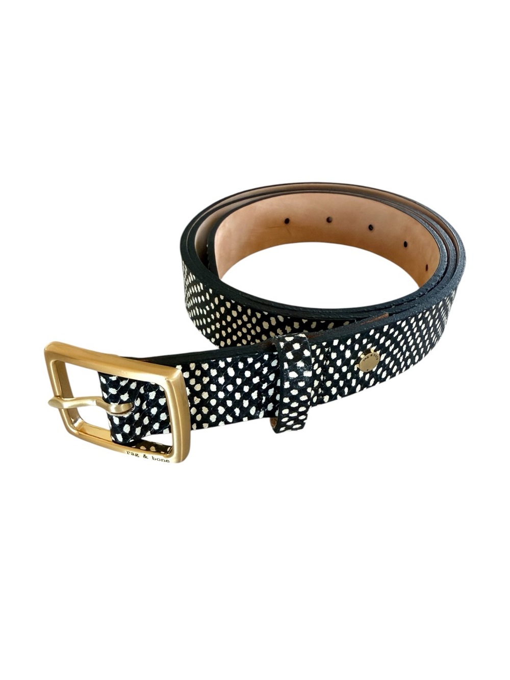 rag & bone Black Polka Dot Leather Belt Gold Buckle Size Large Like New